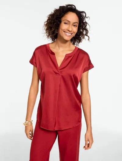 Talbots Plus Size - Soft Satin Charmeuse Split Neck Top - Sangria - 2x  In Red