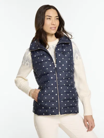 Talbots Polka Dot Foil Puffer Vest - Indigo Blue/silver - Xs
