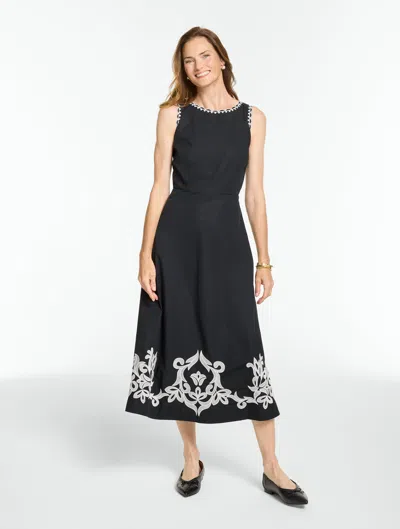 Talbots Poplin Embroidered Fit & Flare Dress - Black - 2 - 100% Cotton