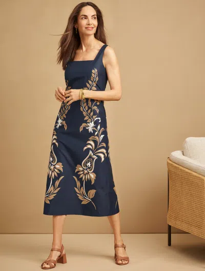 Talbots Poplin Midi Dress - Gilded Vines - Night Sky/cafe Au Lait - 2 - 100% Cotton  In Blue