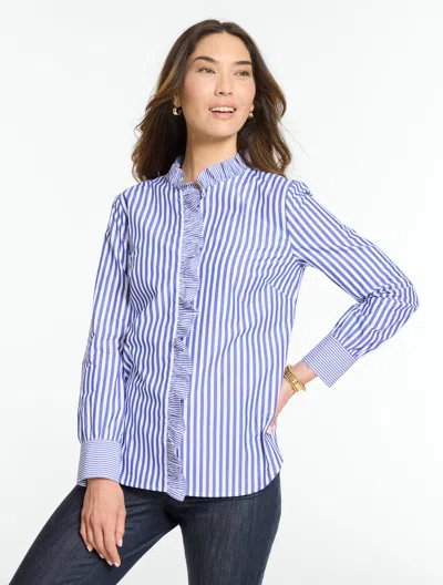 Talbots Poplin Ruffle Top - Mixed Stripe - Dark Navy Blue/white - Xs - 100% Cotton  In Dark Navy Blue,white