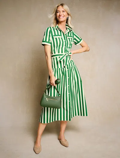 Talbots Poplin Shirtdress - Bold Stripe - Deep Forest/pearl White - 2 - 100% Cotton  In Green
