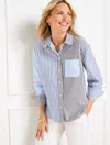 Talbots Plus Size - Poplin Short Shirt - Mixed Stripe - Blue - 3x - 100% Cotton  In Blue