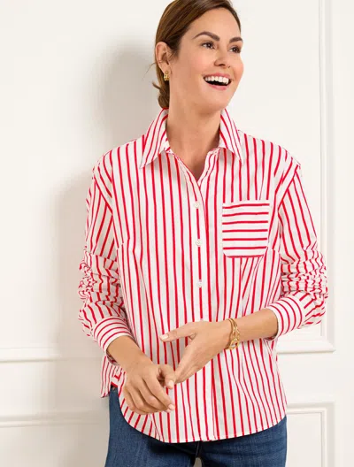 Talbots Misses - Poplin Short Shirt - Nautical Stripe - White/ruby Red - Large  In White,ruby Red