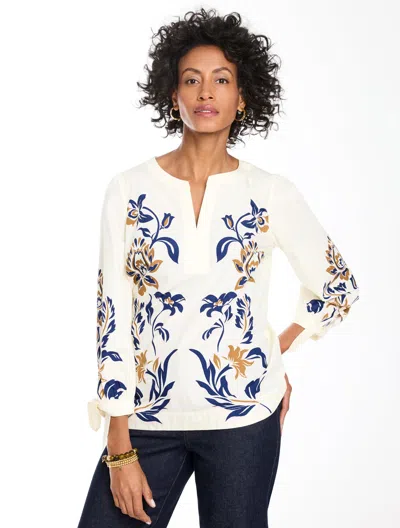 Talbots Poplin Tie Sleeve Top - Gilded Vines - Ivory/rich Navy Blue - Xs - 100% Cotton  In White