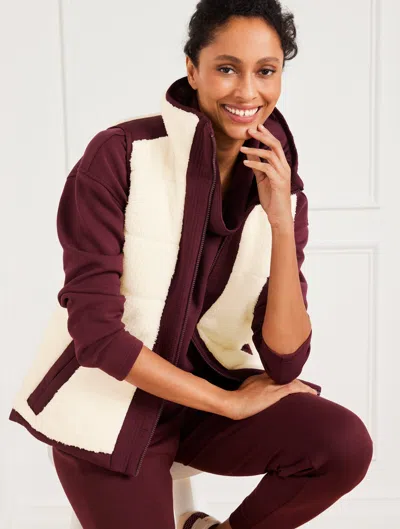 Talbots Petite - Reversible Sherpa Puffer Vest - Ivory/burgundy Berry - Small  In Ivory,burgundy Berry