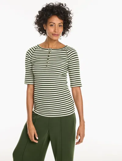 Talbots Ribbed Elbow Sleeve Henley T-shirt - Even Stripe - Nori/ivory - Xs  In Green