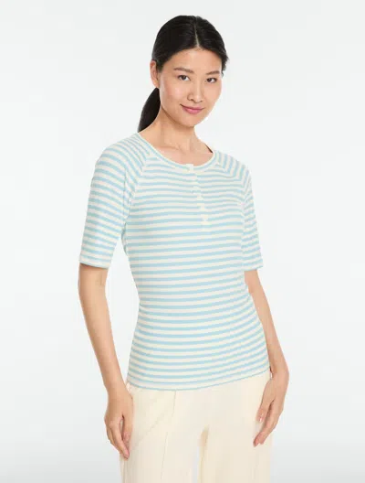 Talbots Ribbed Elbow Sleeve Henley T-shirt - Even Stripe - Sheer Blue/ivory - Xs  In Sheer Blue,ivory