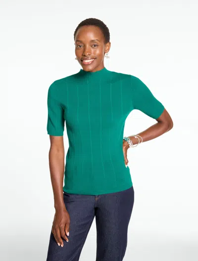 Talbots Ribbed Elbow Sleeve Mockneck Pullover Sweater - Emerald Marine - Xs  In Green