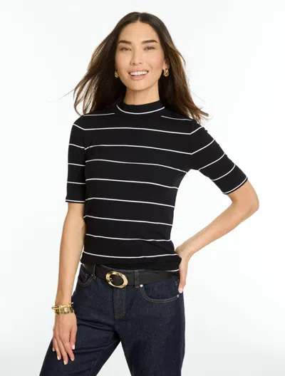 Talbots Ribbed Elbow Sleeve Mockneck Top - Linda Stripe - Black/white - Xs  In Black,white