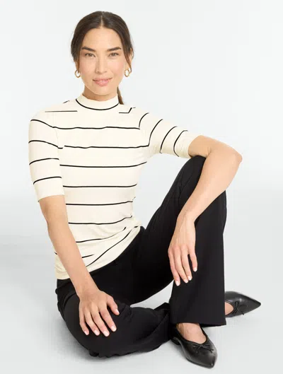 Talbots Ribbed Elbow Sleeve Mockneck Top - Linda Stripe - Ivory/black - Xs  In Ivory,black