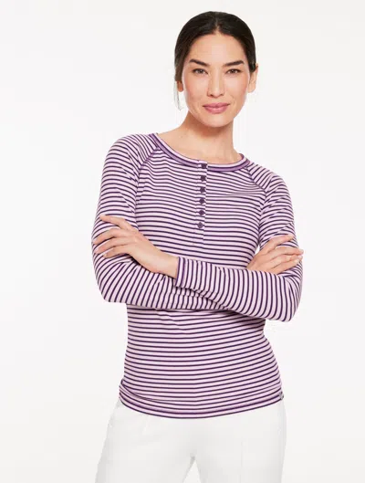 Talbots Ribbed Henley T-shirt - Wimbledon Stripe - Lilac Mauve/purple Garnet - Xs  In Pink