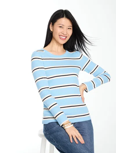 Talbots Ribbed Long Sleeve Crewneck T-shirt - Fable Stripe - Blue Crystal - Xs  In Gray