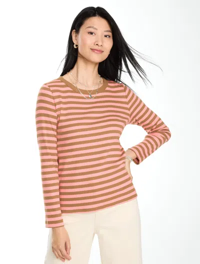 Talbots Ribbed Long Sleeve Crewneck T-shirt - Talia Stripe - Pink Sand/cafe Au Lait - Xs  In Brown