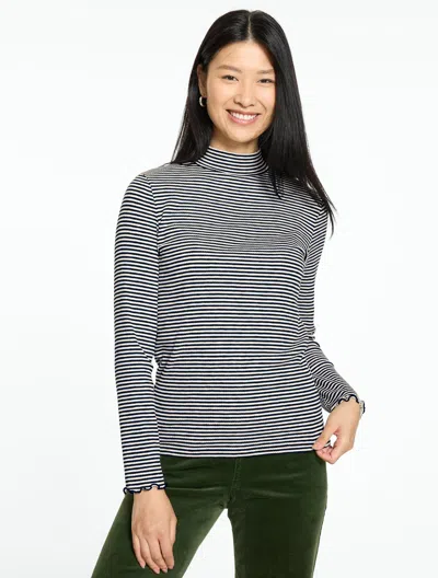 Talbots Ribbed Mockneck T-shirt - Greenwich Stripe - Ivory/indigo - Xs  In Ivory,indigo