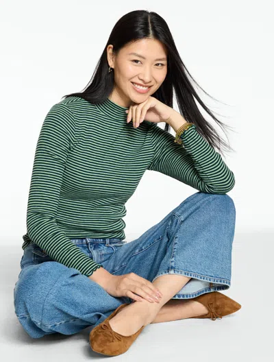 Talbots Ribbed Mockneck T-shirt - Greenwich Stripe - Spruce Green/loden Frost - Xs  In Spruce Green,loden Frost