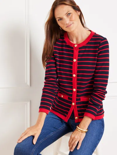 Talbots Plus Size - Patch Pocket Cardigan Sweater - Delfina Stripe - Indigo/ruby Red - 3x - 100% Cotton Talb In Indigo,ruby Red