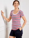 Talbots Petite - Ribbed Scoop Neck T-shirt - Gardenia Stripe - White - Large  In White