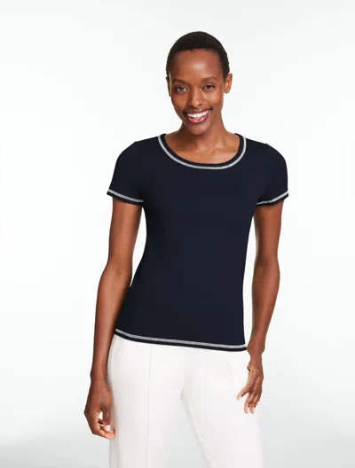 Talbots Ribbed Short Sleeve Crewneck T-shirt - Blue - Medium - 100% Cotton