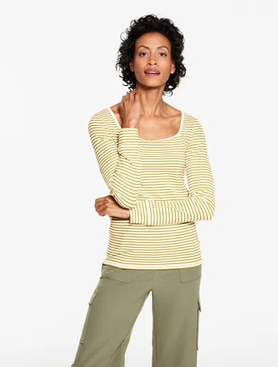 Talbots Ribbed Square Neck T-shirt - Wimbledon Stripe - Ivory/golden Wheat - Medium  In Multi