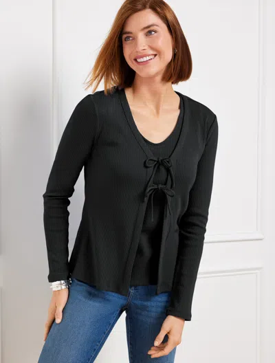 Talbots Ribbed Tie Front Cardigan Sweater - Black - 2x