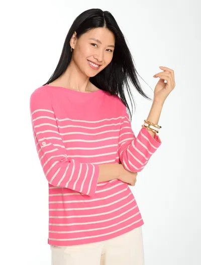 Talbots Roll Cuff Bateau Neck Top - Love Stripe - Dahlia Pink/ivory - Small - 100% Cotton