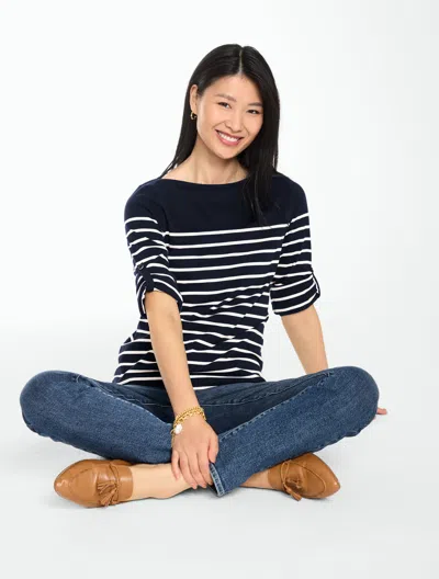 Talbots Roll Cuff Bateau Neck Top - Love Stripe - Indigo/ivory - Xs - 100% Cotton  In Multi