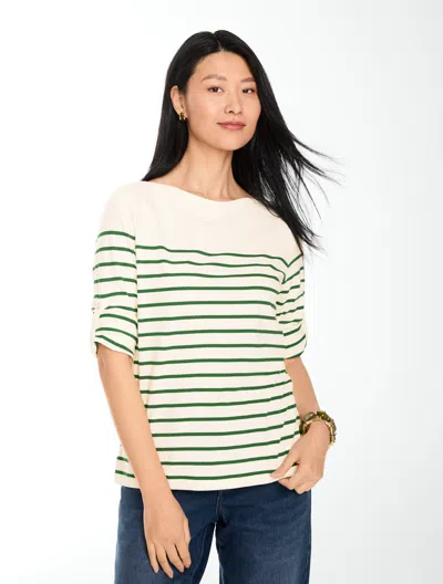 Talbots Roll Cuff Bateau Neck Top - Love Stripe - Ivory/irish Moss - Xs - 100% Cotton  In Neutral