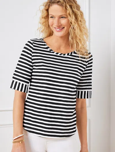 Talbots Plus Size - Shimmer Roll Cuff Crewneck T-shirt - Seychelles Stripe - Black/white - X  In Black,white