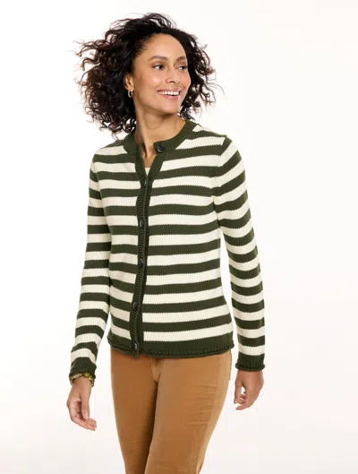 Talbots Roll Edge Cardigan Sweater - Stripe - Dark Olive/ivory - Xs - 100% Cotton  In Dark Olive,ivory