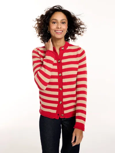 Talbots Roll Edge Cardigan Sweater - Stripe - Red/sesame - Xs - 100% Cotton  In Red,sesame
