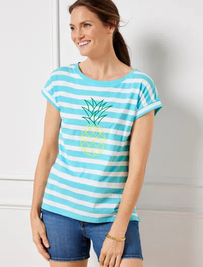 Talbots Plus Size - Roll Sleeve Pineapple T-shirt - Vivid Turquoise/white - X - 100% Cotton  In Vivid Turquoise,white