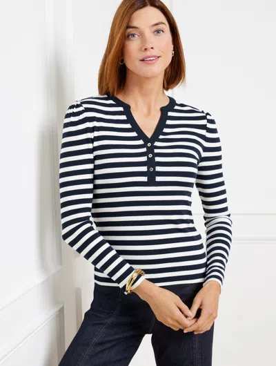 Talbots Plus Petite - Royal Stripe Ribbed Henley T-shirt - Indigo/ivory - X  In Indigo,ivory