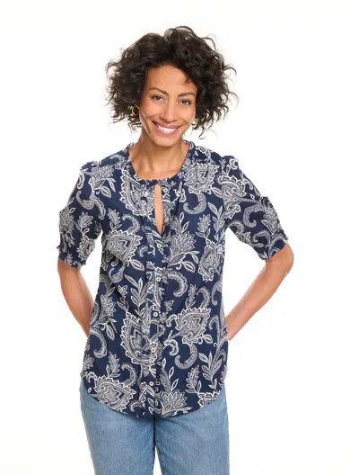 Talbots Ruffle Button Front Top - Lacey Jacobean - Night Sky/pearl White - Xs  In Blue