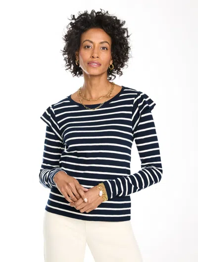 Talbots Ruffle Shoulder Crewneck T-shirt - Stripe - Indigo/pearl White - Xs  In Black