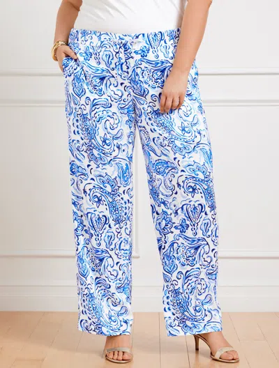 Talbots Plus Size - Satin Wide Leg Pants - Painted Paisley - White - 3x