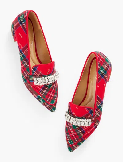 Talbots Scarlet Rhinestone Pointed Toe Loafers - Solstice Plaid - Red - 8m - 100% Cotton