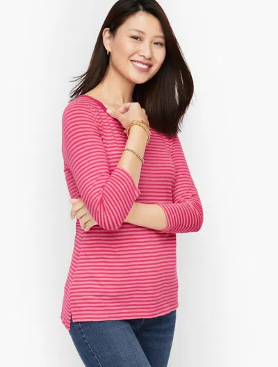 Talbots Scoop Neck T-shirt - Stripe - Punch Pink/primrose - Large  In Punch Pink,primrose