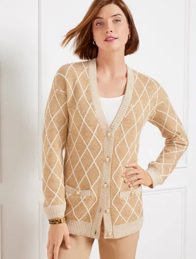 Talbots Misses - Sequin Argyle V-neck Cardigan Sweater - Toasted Coconut/ivory - Xl  In Toasted Coconut,ivory