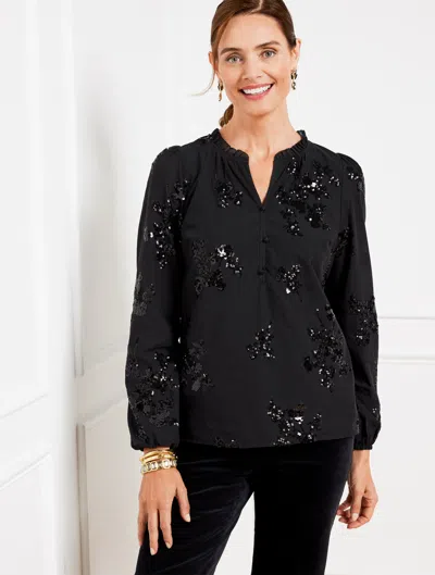 Talbots Misses - Sequin Embellished Top - Black - Xs - 100% Cotton