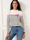 Talbots Misses - Sequin Ribbon Stripe Mockneck T-shirt - Ivory/indigo Blue - Small - 100% Cotton  In Ivory,indigo Blue