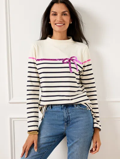 Talbots Misses - Sequin Ribbon Stripe Mockneck T-shirt - Ivory/indigo Blue - Small - 100% Cotton  In Ivory,indigo Blue