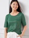 Talbots Misses - Shimmer Roll Cuff Twist Neck T-shirt - Heritage Green/white/gold - Xs  In Heritage Green,white,gold