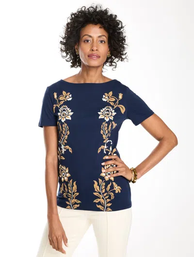 Talbots Short Sleeve Top - Gilded Vines - Night Sky - Xs - 100% Cotton  In Blue