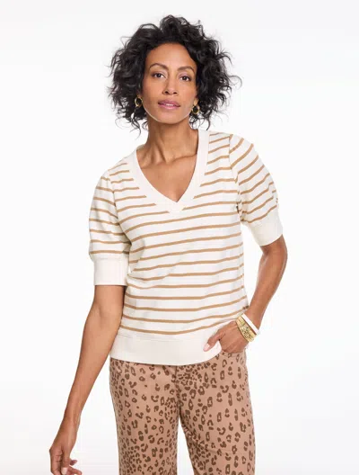 Talbots Short Sleeve V-neck Sweatshirt - Stripe - Ivory/cafe Au Lait - Xs  In Brown