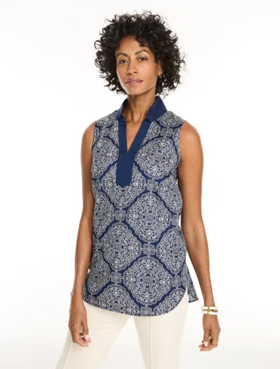Talbots Sleeveless Non-iron Popover Shirt - Luxe Bandana - Ink/ivory - Xs  In Blue