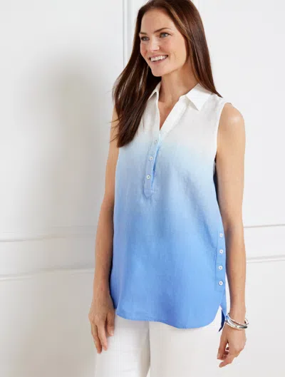 Talbots Plus Size - Sleeveless Side Button Linen Popover Shirt - Dip Dye - Tonal Blues - 2x