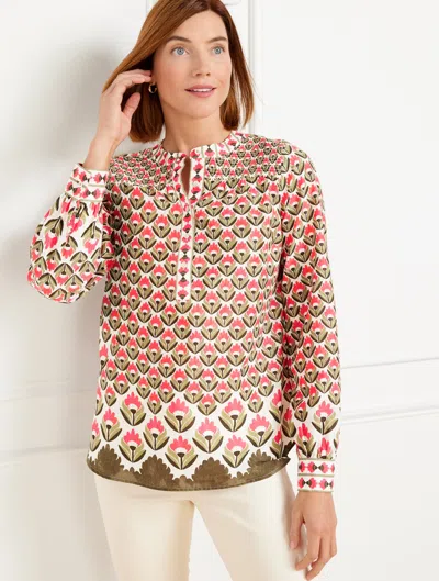 Talbots Plus Petite - Smocked Popover Shirt - Watercolor Floral Border - Ivory/burnt Olive - X - 100% Cotton In Ivory,burnt Olive