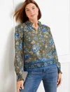 Talbots Petite - Smocked Sleeve Ruffle Top - Starlight Floral - Burnt Olive - Small - 100% Cotton  In Burnt Olive