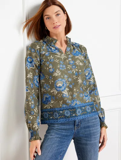 Talbots Petite - Smocked Sleeve Ruffle Top - Starlight Floral - Burnt Olive - Small - 100% Cotton